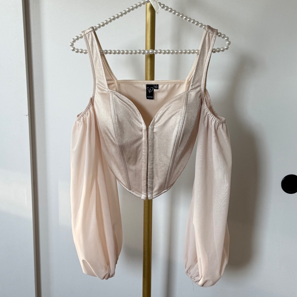 Elegant Champagne Off-Shoulder Satin Corset Top – S